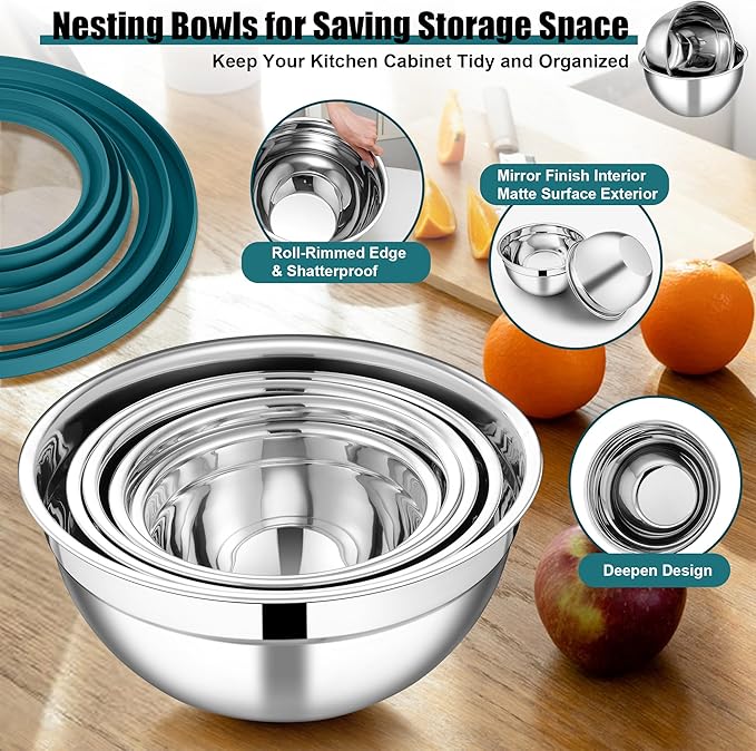 E-far Mixing Bowls Set of 5, Stainless Steel Salad Mixing Bowl with Transparent Lid, Metal Nesting Bowl Attach with 3 Graters for Kitchen Prepping/Serving/Baking/Storage, 4.6/2.6/1.5/1/0.7 QT - Blue