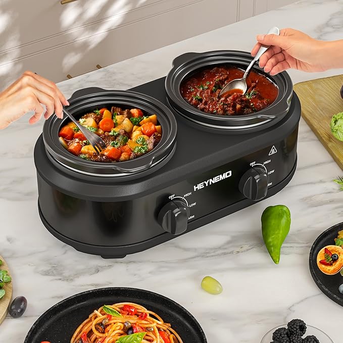 Double Slow Cooker, 2 X 1.25QT Slow Cooker with 3 Cooking Settings, Buffet Servers and Warmers with Dishwasher-Safe Ceramic Pot, Glass Lid, Black