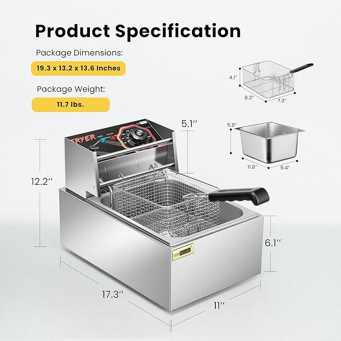 VIVOHOME 2500W 10.6 QT Electric Deep Fryer with 6.3 QT Removable Basket, Temperature Adjustable 140-392℉