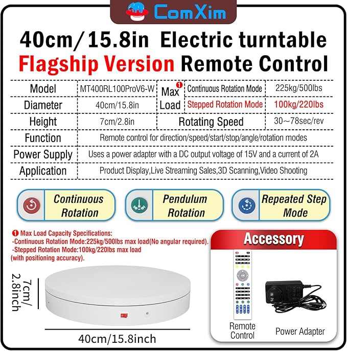 15.8In Remote Motorized electric turntable Rotating platform Photography Turntable Motorized lazy susan Base giratoria para for Photography,3D Scanner,Heavy duty display(Load Range:220~500lbs)