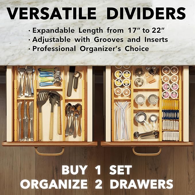 SpaceAid Bamboo Drawer Dividers with Inserts and Labels, Kitchen Adjustable Drawer Organizers, Expandable Organization for Home, Office, Dressers, 10 Dividers with 24 Inserts (17"-22" Natural)