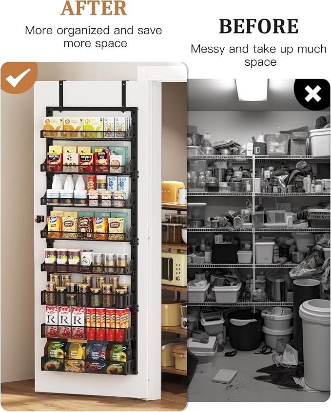 8-Tier Over the Door Pantry Organizer, Large Metal Door Spice Rack with Adjustable Basket, 2 in 1 Wall Mount or Hanging Heavy-Duty Pantry Door Storage Shelf for Kitchen and Bathroom, Black
