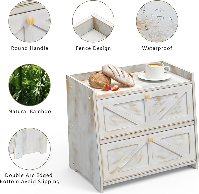 Vintage Double Layer Bread Box for Kitchen Counter Bamboo Bread Storage Container Large Capacity Bread Storage Bin (Antique White)