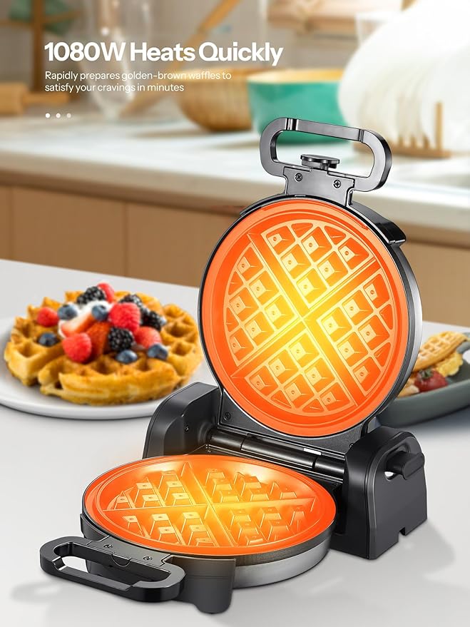 Waffle Maker, Round Classic Belgian Waffle Iron with 180°Rotating Design, Nonstick Plates & Cool Touch Handle, 1080W Fast Heating Waffle Machine, Brushed Stainless, Silver (4 Slices)