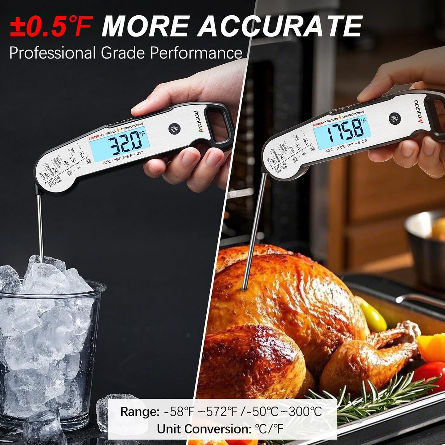 Professional Food & Meat Thermometer, 1 Sec Instant Read & ±0.5℉ Accuracy Driven by Thermocouple Sensor. IP67 Waterproof Digital Thermometer for Cooking, BBQ, Grill Gifts for Men Him Dad Birthday