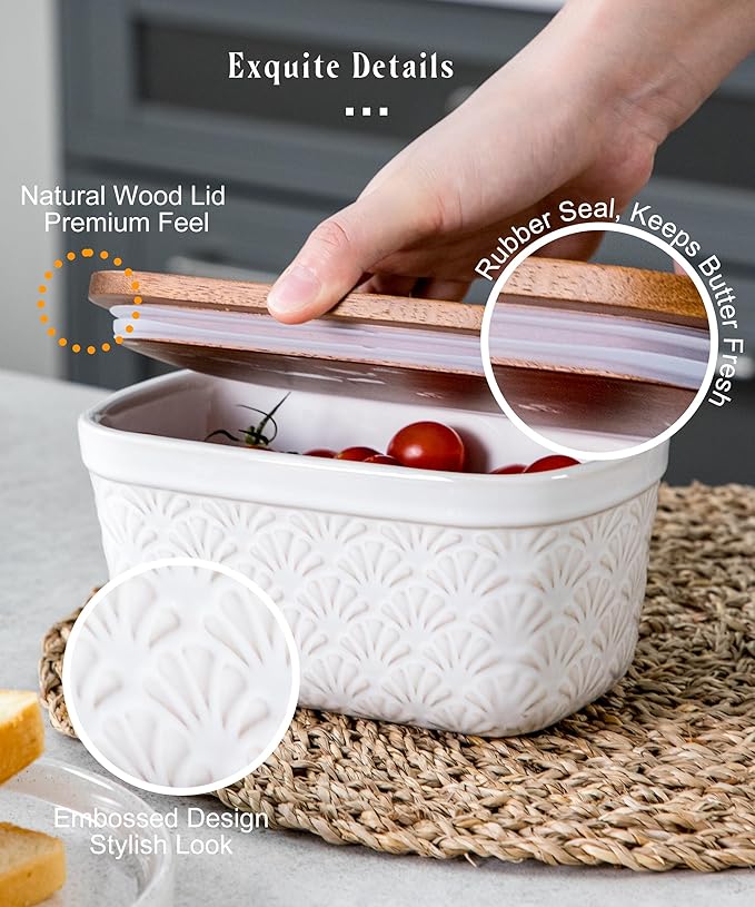 Nucookery Ceramic Butter Dish, Embossed Butter Keeper with Wood Lid for Countertop, Butter Holder and Container with Double Silicone Seal (Fan Pattern)