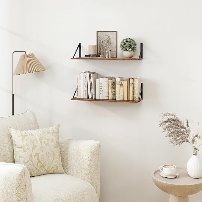 Heimlove Deep Floating Shelves for Wall, 24W x 8D Wood Wall Shelves Set of 2, Wide Floating Bookshelf for Living Room, Kitchen, Office, Bedroom and Decor Storage, with Metal Bracket - Rustic Brown