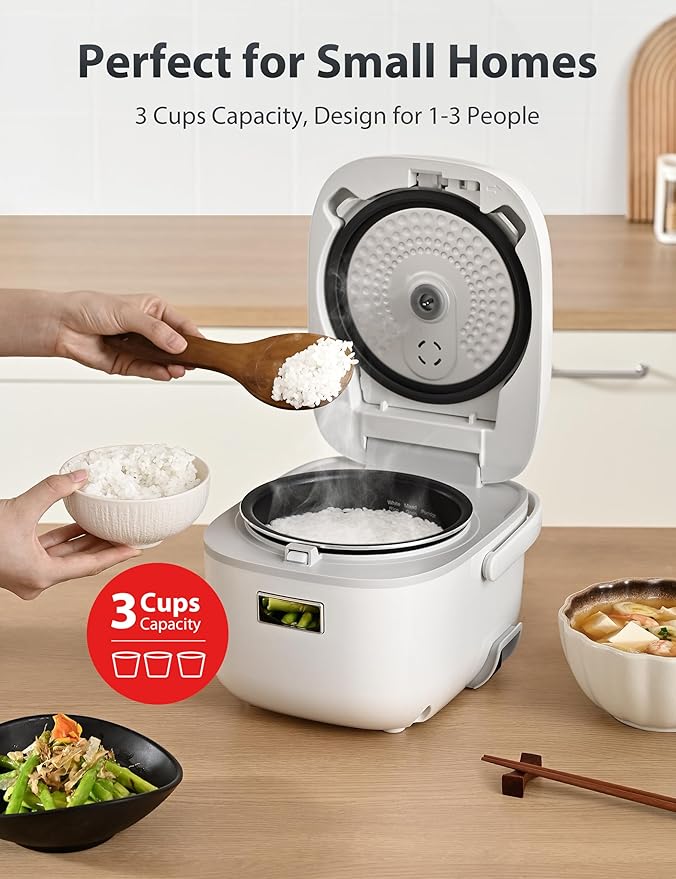 Toshiba Mini Rice Cooker, 3 Cups Uncooked Small Rice Cooker, Steamer & Warmer, With Fuzzy Logic And One-Touch Cooking, 24 Hour Delay Timer And Auto Keep Warm Feature, White