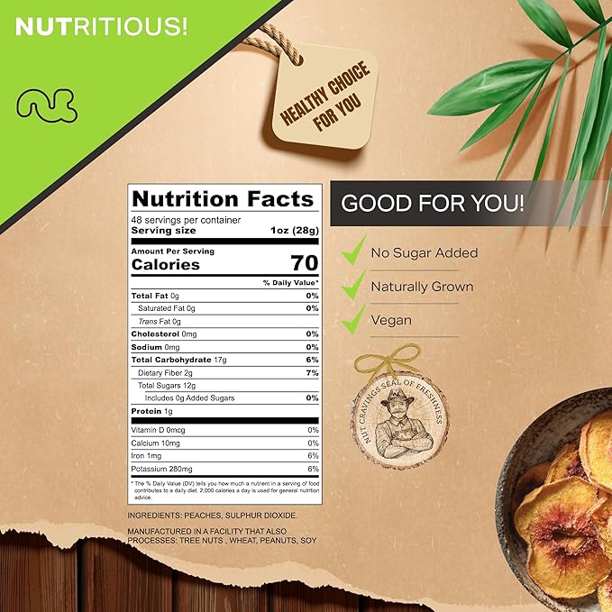 NUT CRAVINGS - Sun Dried California Peaches, No Sugar Added (48oz, 3 LB) Bulk Dry Fruits Packed Fresh in Resealable Bag - Sweet Healthy Snack, Naturally Grown, Vegan, Kosher