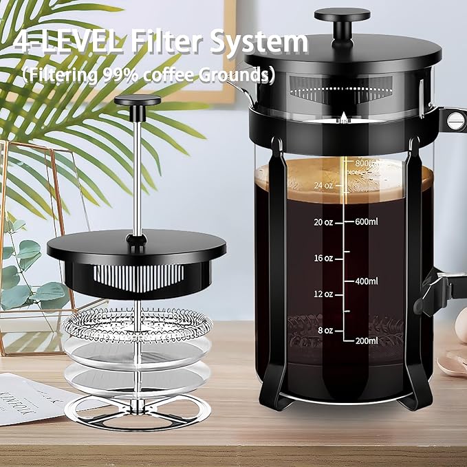 French Press Coffee Maker 304 Stainless Steel Coffee Press,with 4 Filters System, Heat Resistant Thickness Borosilicate French Press Glass, BPA-Free Brewed Tea Pot Coffee Plunger(Copper 12oz)