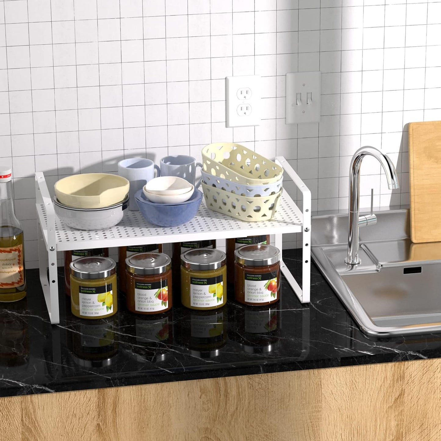 iPEGTOP Expandable Cabinet Storage Shelf Organizer Rack, Heavy Duty Stackable Steel Metal Spice Rack Adjustable Height Pantry Garage Shelf for Counter Kitchen Organization, White - 1 Pack