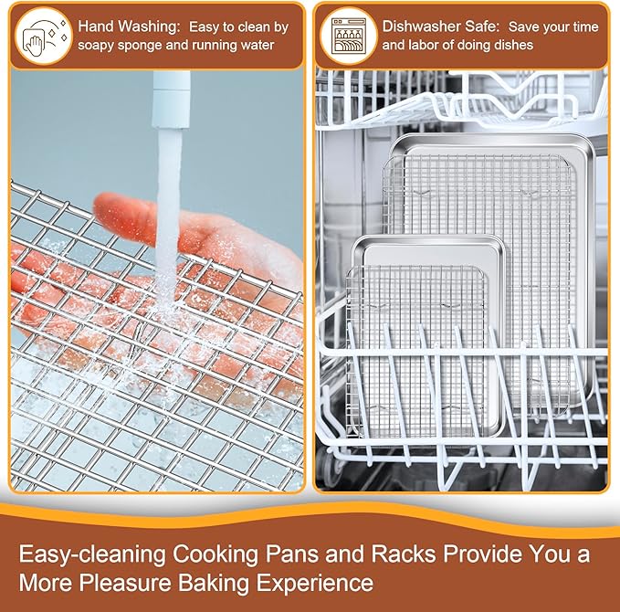 P&P CHEF 16 + 10.4 Inch Baking Sheet and Rack Set, Stainless Steel Cookie Sheets Oven Baking Pans Trays with Cooling Racks for Cooking & Roasting, Oven & Dishwasher Safe, (4Pcs)