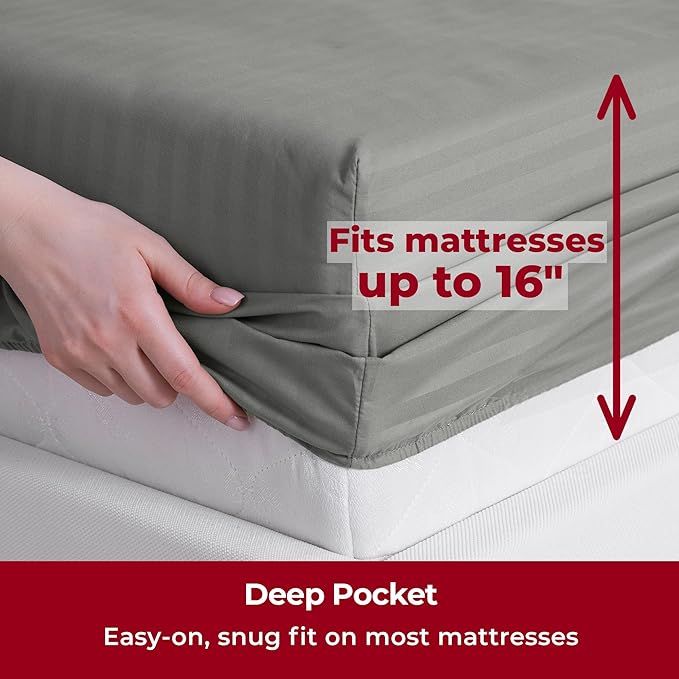 Mellanni Full Sheets Set - 4 PC Iconic Collection Bedding - Hotel Luxury, Extra Soft, Cooling Bed Sheets - Wrinkle, Fade, Stain Resistant (Full, Striped Gray/Silver)