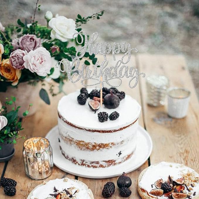 ZHUOWEISM 1 PCS Happy Birthday Cake Topper Glitter Happy Birthday Cake Pick for Celebrating Happy Birthday Anniversary Party Cake Decorations Supplies Silver