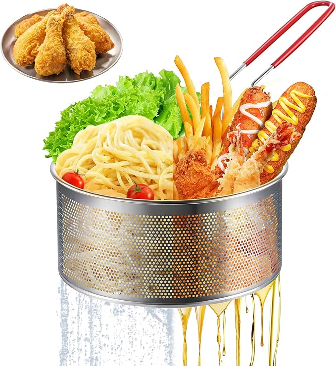 Deep Fryer Basket Only, 7''x4'' Colander with Silicone Handle,Round Stainless Steel Fry Baskets, Heat Resistant for Frying French Fries Cooking Noodles Vegetables, Ideal for Gift, 2.3-Quart