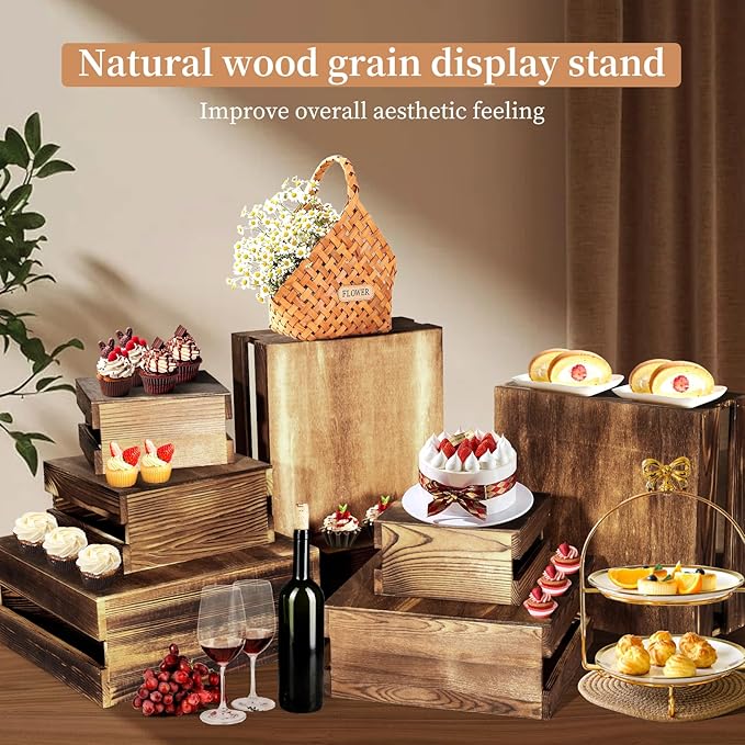 6 Pcs Buffet Risers with Mini Signs, Rustic Wood Cake Stands, Food Risers for Buffet Table, Dessert Display Stand, Wood Crates, Rustic Cake Stand for Party, Wedding, Birthday, Baby Shower, 3 Sizes