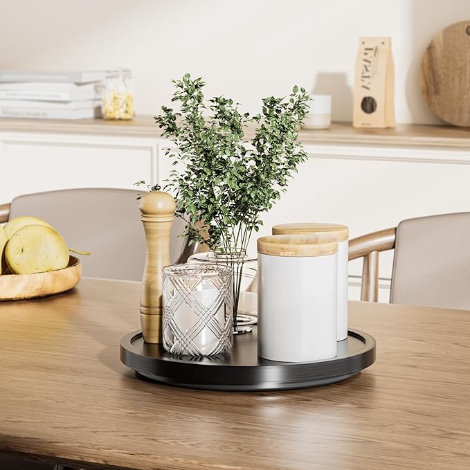 LAMU 11'' Wood Lazy Susan Organizer Turntable for Cabinet, Lazy Susan for Table Top, Pantry, Kitchen, Bathroom, Countertop, Rotating Spice Organizer, Vanity Decor Tray, Pine Wood, Black