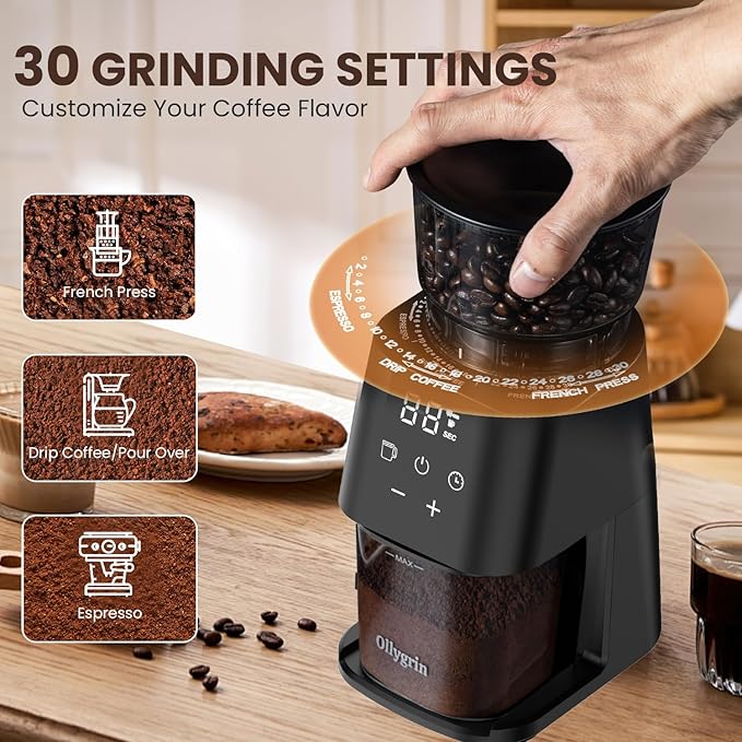 Conical Burr Coffee Grinder with Touch Panel, Adjustable Coffee Bean Grinder with 30 Grinding Settings,2-12 Cups for Espresso,French Press & Drip Coffee