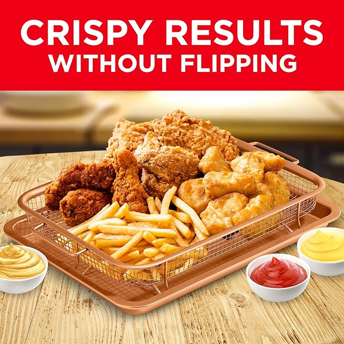 Air Fryer Tray Basket w/Elevated Mesh Great For Oven, For Baking & Crispy Foods, Dishwasher Safe,PTFE/PFOA/PFOS FREE Extra-large 9.5/''x13/'',Copper