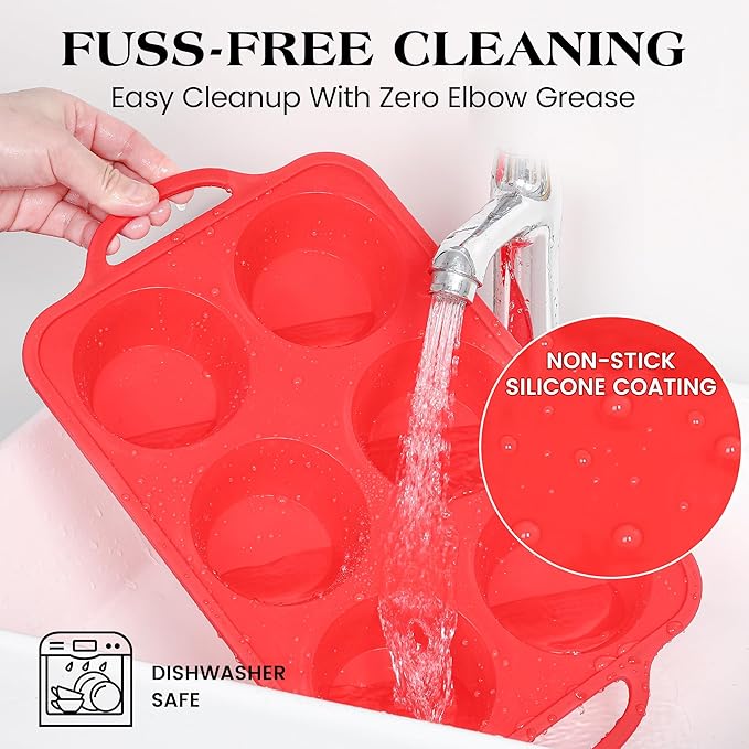 2 Pcs Jumbo Muffin Pan with Metal Frame, Nonstick 6 Cup Extra Large Cupcake Pan for Baking, Silicone Deep Muffin Tray for Egg Bites (Red)