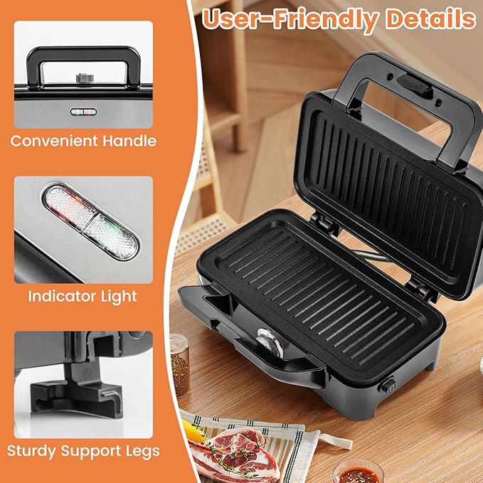 BECOMFORT 3 in 1 Waffle Maker, Sandwich Press w/3 Removable Non-stick Plates, Indicator Lights, Cool Touch Handle, Sandwich Maker & Panini Press w/5-gear Temperature Control for Breakfast Steak