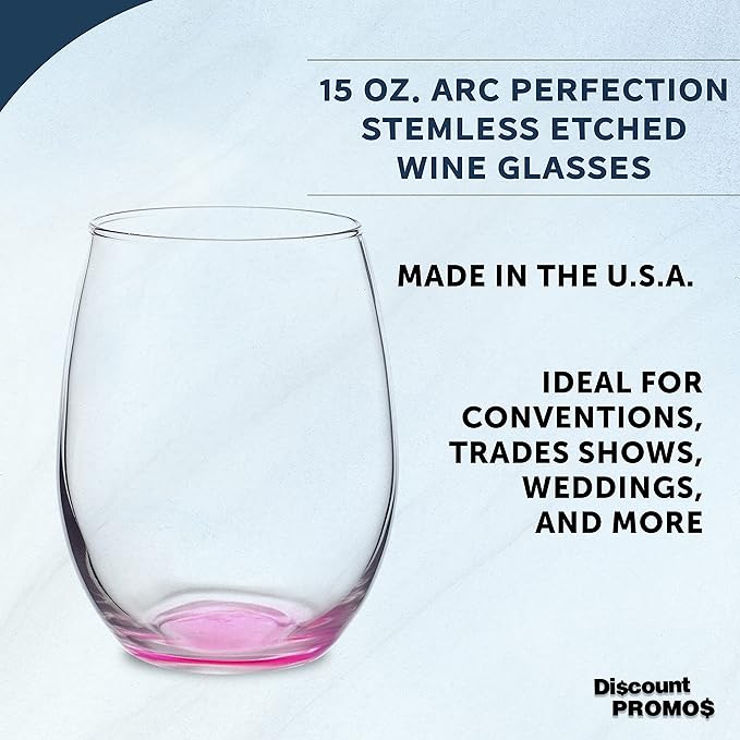 DISCOUNT PROMOS Stemless Wine Glasses in Bulk by ARC Perfection, 15 oz, 10 pack, Red or White Wine Glass Set, Pink