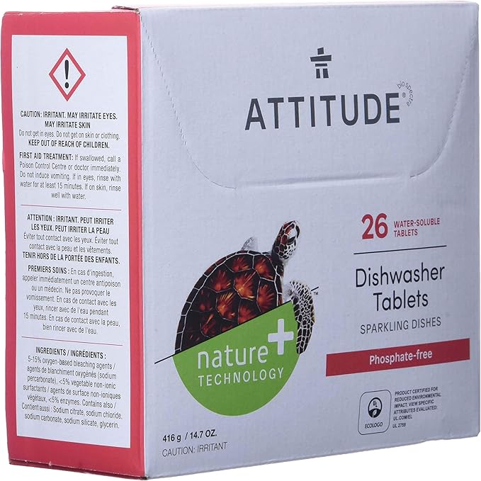 ATTITUDE Dishwasher Tablets, Water-soluble Plant- and Mineral-Based Effective Formula, Phosphate-free, Vegan and Cruelty-free, Unscented, 26 Count (Pack of 2)