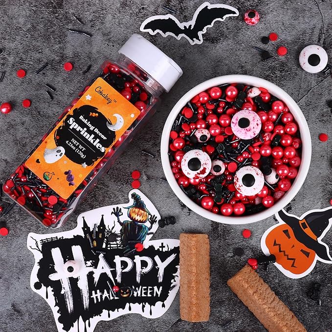 Halloween Sprinkles for Cake Decorating, Black & Red Pearl Sprinkles with Black Bats & Eyeball Candy, Perfect for Halloween Dessert Party 4.23 Ounce