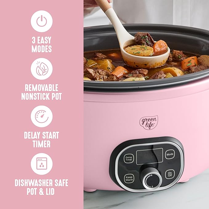 GreenLife 6QT Slow Cooker, Non-Toxic PFAS-Free Ceramic Nonstick Removable Interior Bowl, Programmable, Family Friendly, Keep Warm, Stovetop & Oven Safe, Dishwasher Safe Parts, Timer, Glass Lid, Pink