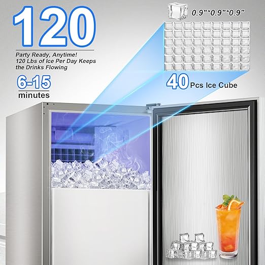 120LB/Day Commercial Under Counter Ice Maker with Smart LCD & Customizable Ice – Under Counter Freestanding, Built 25LBS Ice Storage 6-Min Quick Cycle, Energy Efficient