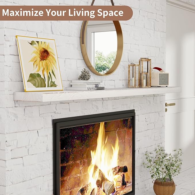 Rustic Elm Wood Floating Shelves - 72'' W x 8" D Wall Mounted Mantel Shelf with Invisible Bracket, Large Long Storage Shelves for Living Room, Bedroom, Kitchen, Bathroom, White Wash