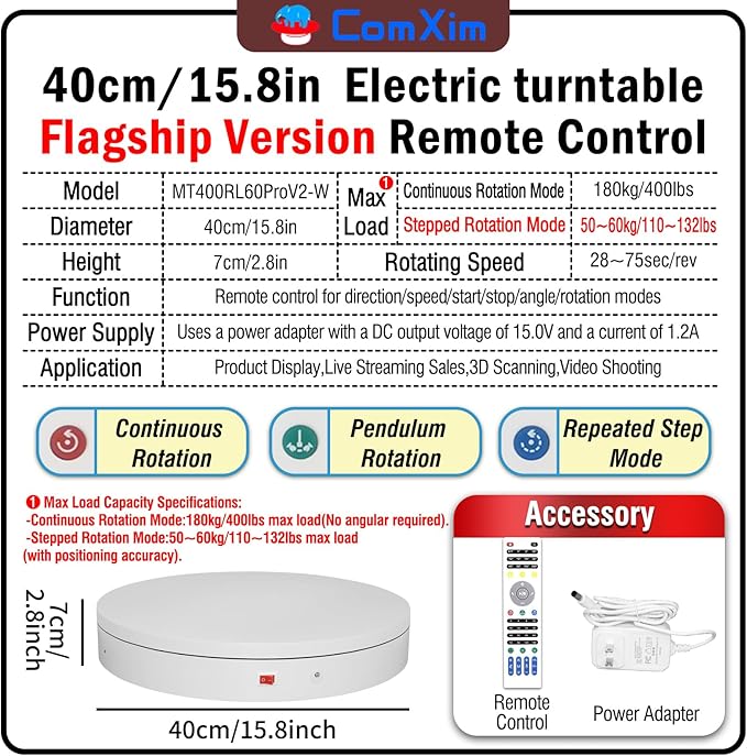 15.8In Remote Motorized Electric Turntable Rotating Display Stand Rotating Platform Photography Turntable motorized lazy susan base giratoria para for Photography,3D Scanner,(Load Range:132~400lbs)