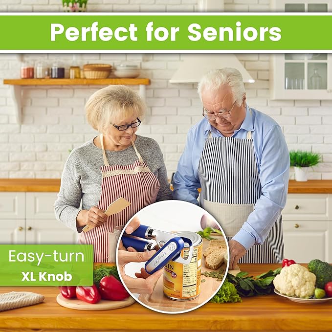 Spring Chef Stainless Steel Can Opener - Manual with Soft Grip Handles, Easy Turn, Heavy Duty Hand Can Openers for Seniors with Smooth Edge - Magnetic Lid Remover - Sapphire