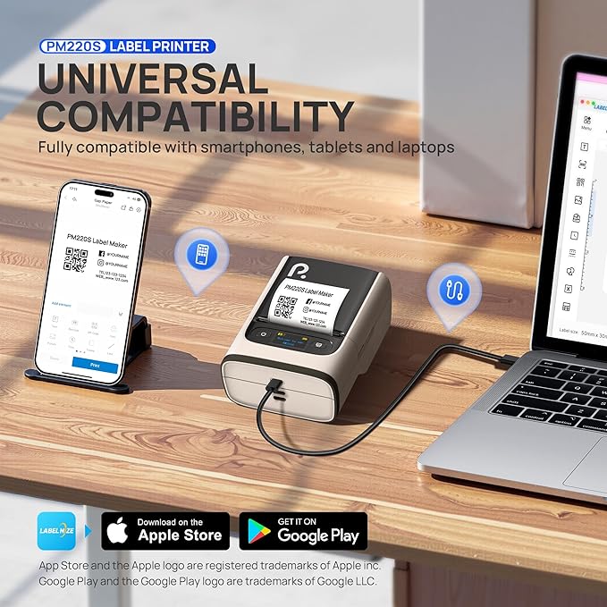 PM220S Label Maker Machine with Tape, 2 Inch Bluetooth Portable Thermal Label Printer for Small Business, Beige