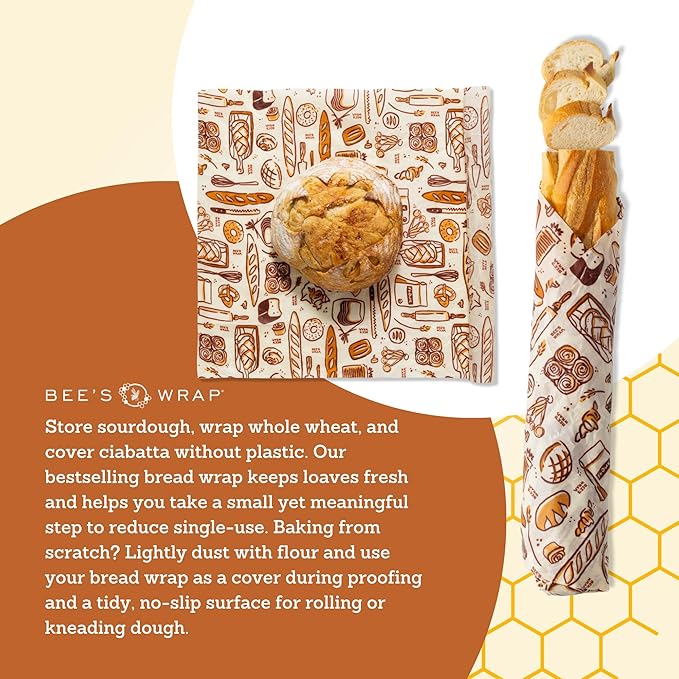 Bee's Wrap Beeswax Wraps for Food - Bakery Lane Bread Wrap - Made in USA Reusable Bread Storage Bags - Organic & Eco-Friendly Alternative to Aluminum Foil, Sourdough Bags & Plastic Wrap