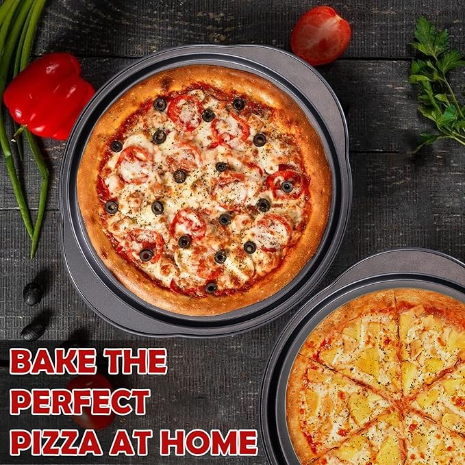 Unokit Pizza Pan for Oven - 13" 2PCS Round Carbon Steel Pizza Pan, Non-Stick Pizza Tray with Perforated Holes and Grip Handles, Dishwasher Safe, Grey