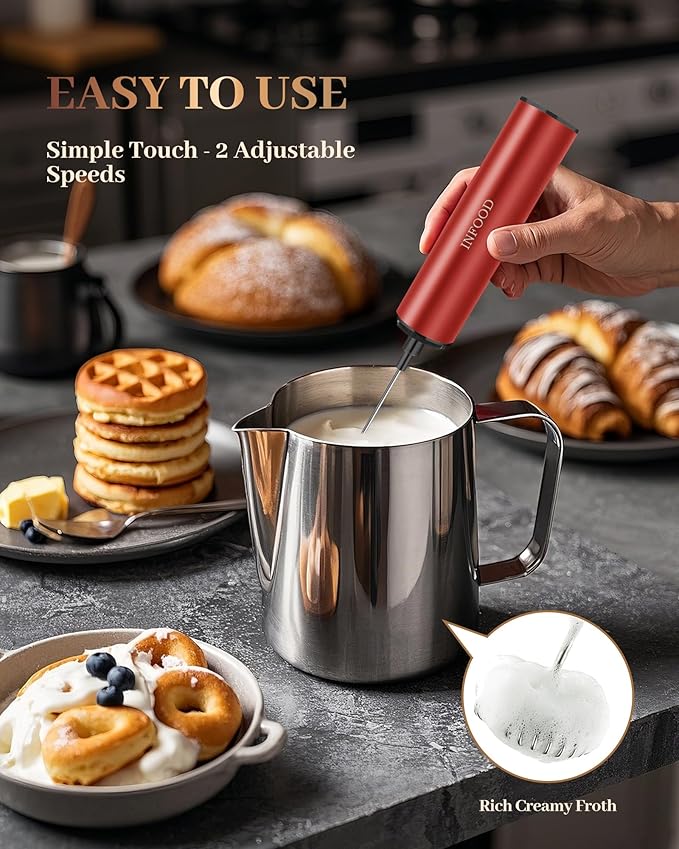 Milk Frother Rechargeable with Cover - Coffee Frother Wand, Drink Mixer Handheld with 2 Detachable Stainless Whisks 2 Speed Adjustable for Latte, Cappuccino, Hot Chocolate, Egg, Red