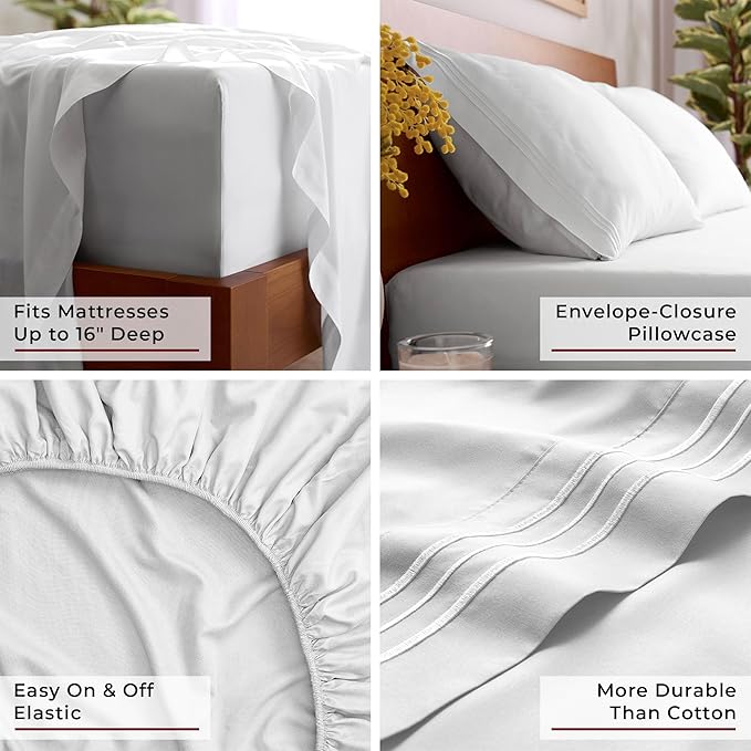 Mellanni Queen Sheets Set - 4 PC Iconic Collection Bedding - Hotel Luxury, Extra Soft, Cooling Bed Sheets - Wrinkle, Fade, Stain Resistant (Queen, White)
