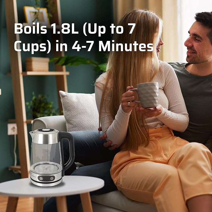 Epsilon 1.8L Glass Electric Kettle – Hot Water Tea Kettle with Borosilicate Glass & Stainless Steel, Auto Shut-Off, Fast Boil 1500W Electric Teapot, BPA-Free, Cool Touch Base
