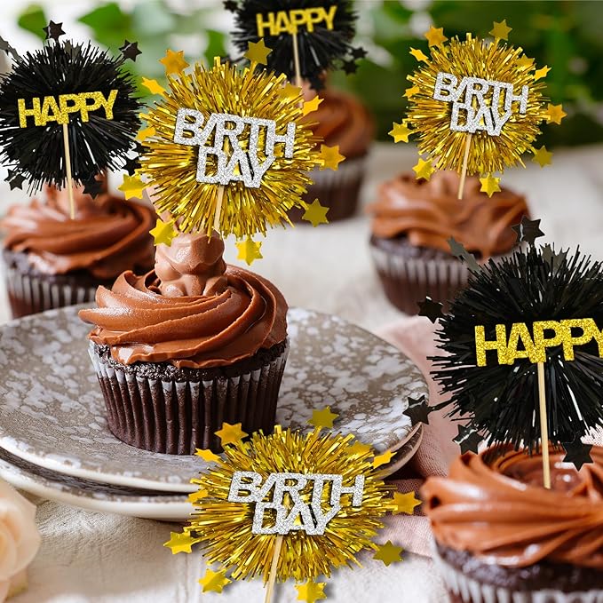 LOLStar 12 PCS Happy Birthday Cake Toppers, Black and Gold Foil Cupcake Toppers, Glitter Tinsel Cupcake Decor, Food Picks Drink Stirrers Cocktail Toothpicks for Celebrating Party Supplies