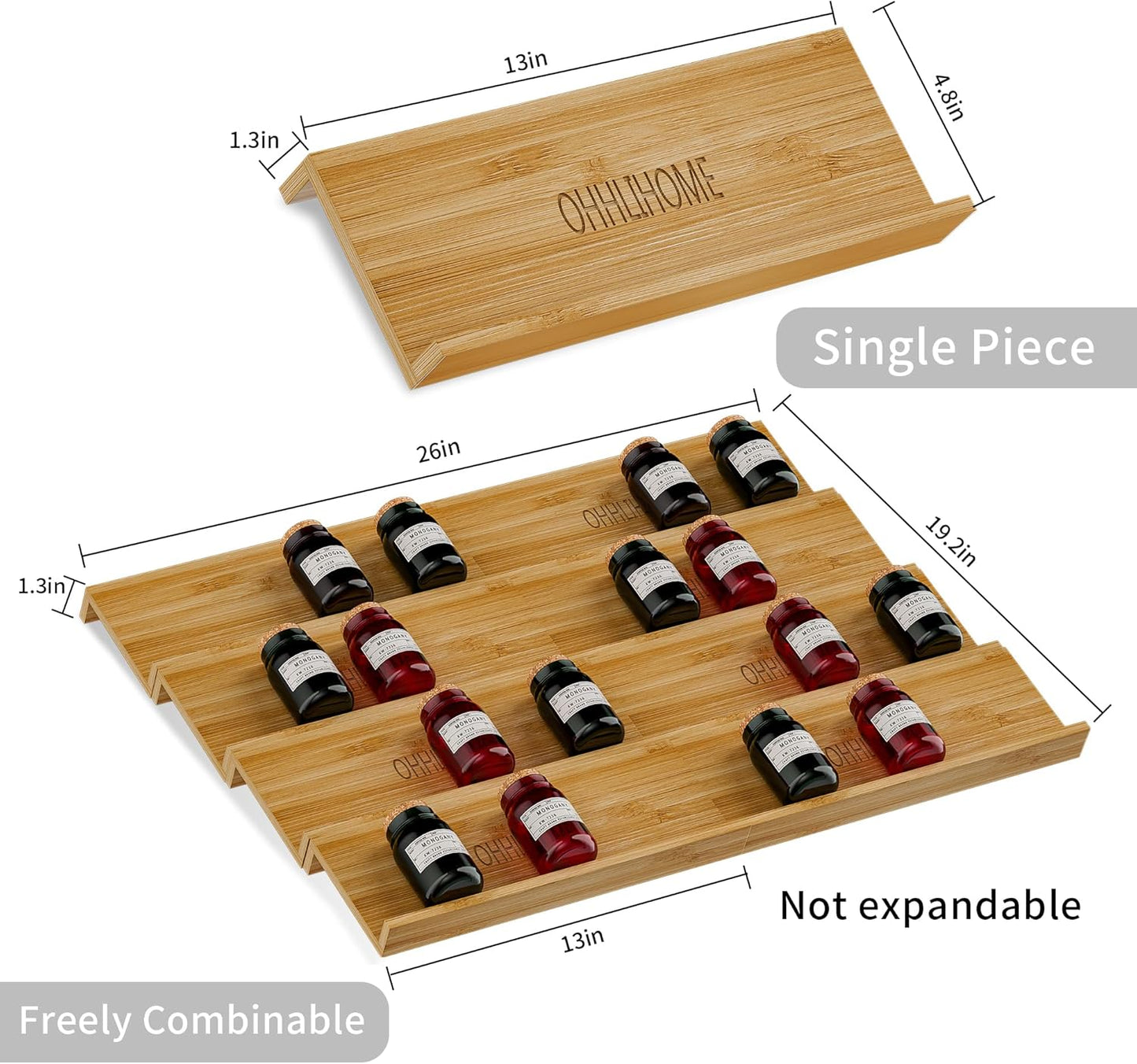 Bamboo Spice Drawer Organizer - 8 Pack 13"x4.7"x1.6" Spice Rack Tray - Spice Jars Drawers Insert - Seasoning Organizer for Drawers/Countertop (Jars not included)…