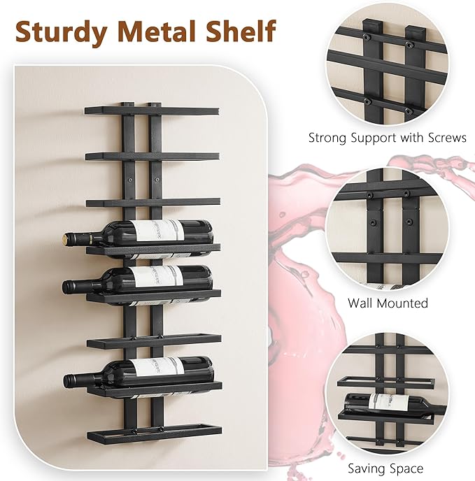 Hoctieon 3-Set 8 Tier Wall Mount Wine Rack (24 Tiers), Wall Racks for Wine Bottles Display and Storage, Hanging Bottle Organizer for Living Room, Dining Room, Wine Cellar, Bar, Black