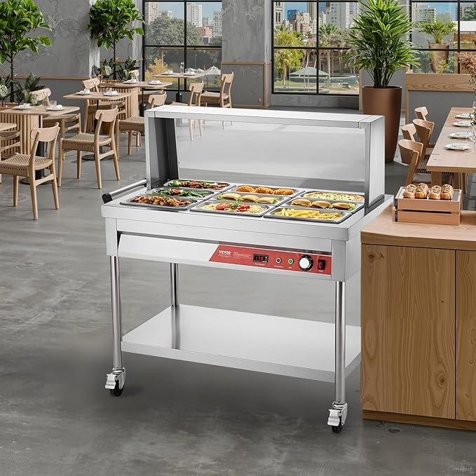 VEVOR 9-Pan Commercial Food Warmer, 9 x 1/3 Pans Electric Steam Table, 1500W Professional Buffet Catering Food Warmer with Shield Undershelf Wheels, Stainless Steel Server for Party Restaurant