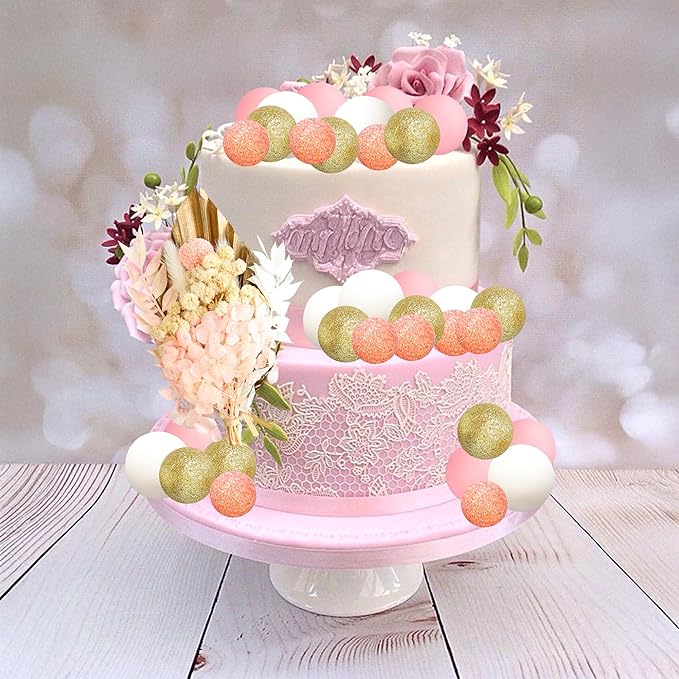 Gyufise 21 Pack Flower Boho Cake Topper Ball Cake Decorations Palm Leaves Plants Cake Decor for Girl Bohemian Princess Theme Wedding Baby Shower Birthday Party Supplies Gold Pink
