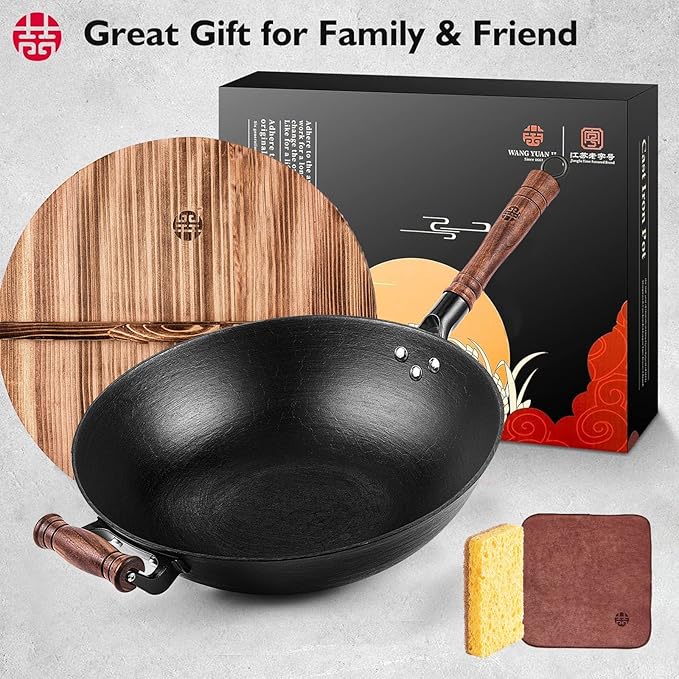 WANGYUANJI 14.2 Inch Cast Iron Wok with Lid – Flat Bottom Chinese Stir Fry Pan, Handcrafted Non-Coated Iron Cookware for Induction, Gas & Electric Stoves, Black