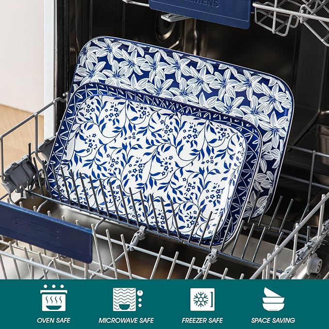vancasso Serving Platters Set of 3, 16"/14"/12" Inch Rectangular Trays - Serving Platter Extra Large, Ceramic Serving Dish Microwave & Dishwasher Safe (Vintage Blue A)