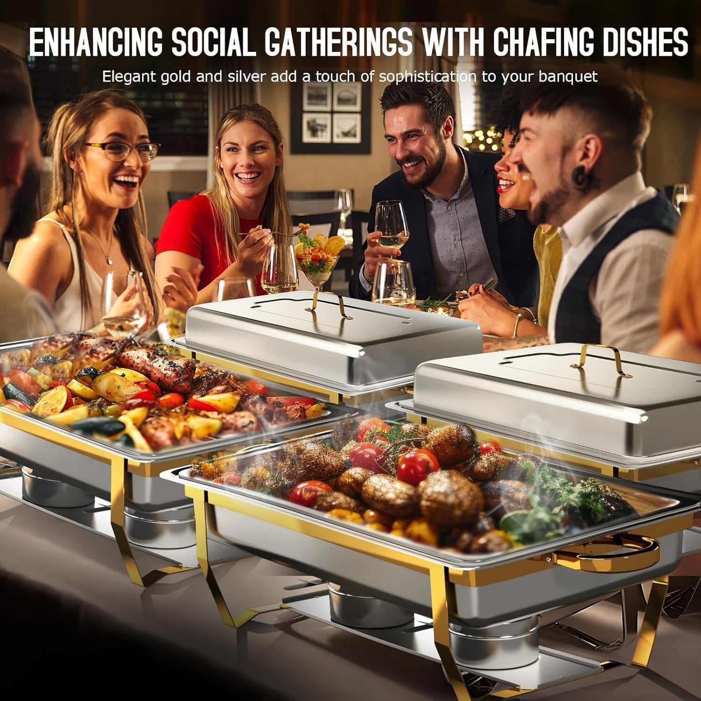 Chafing Dishes for Buffet 2 Pack, [Elegant Gold and Silver] Stainless Steel Chafing Dish Buffet Set, 9QT No-Finger Cut Roll Edge Chafers and Buffet Warmers Sets for Party (Gold Full Panx2)