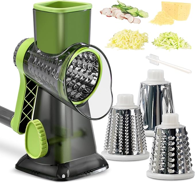 Cheese Grater Hand Crank Rotary Vegetables Shredder with Handle, 3-in-1 Graters with Interchangeable Blades and Strong Suction Base Multifunctional Slicer for Kitchen,green