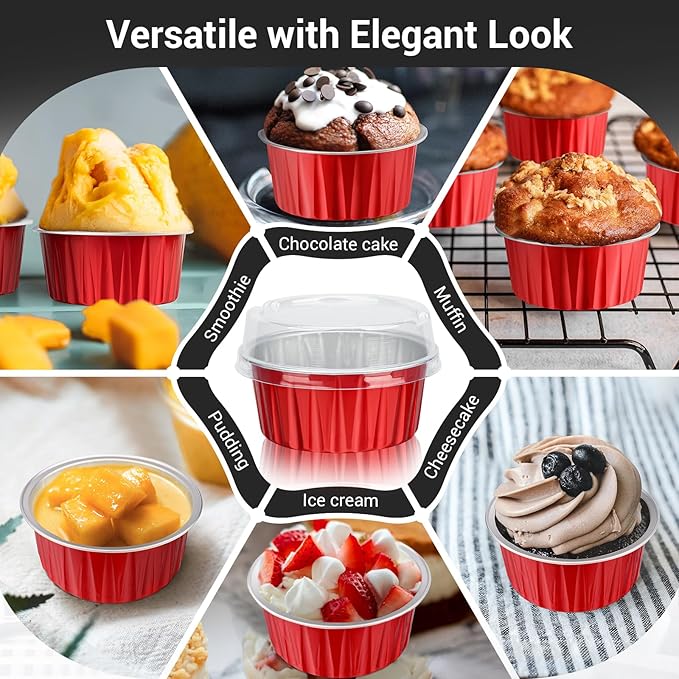 EUSOAR Disposable Ramekins, 30pcs 5oz Aluminum Foil Cupcake Baking Cups Containers with Lids, Dessert Cups Mini Aluminum Cheesecake Pan Creme Brulee Ramekins - Red
