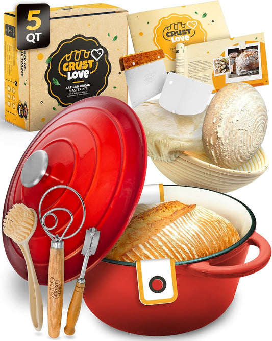 Dutch Oven for Bread Baking - incl. Sourdough Bread-Baking Supplies like Banneton Bread-Proofing Basket - 5QT Enameled Cast Iron Bread-Oven with Lid, Bread-Pan Sour Dough Starter Kit